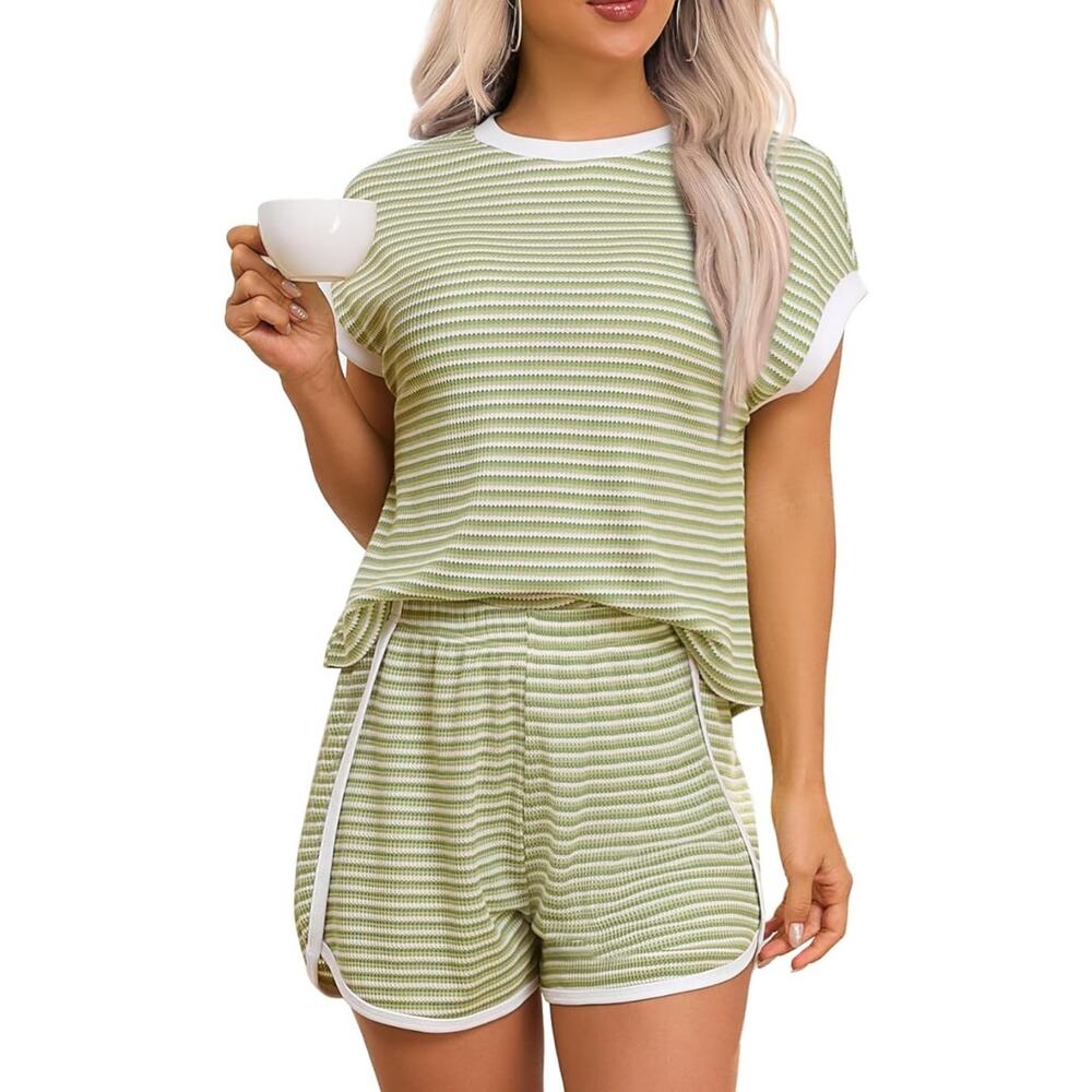 REGAI Womens 2 Piece Set Cozy Lounge Shorts Short Sleeve Outfit Loose Fit Small